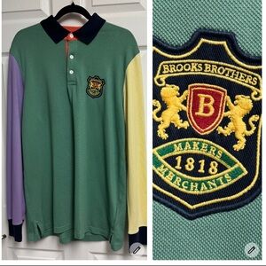 Brooks Brothers Rugby Polo Shirt Mens L Slim Fit Color Block Crest Long Sleeve
